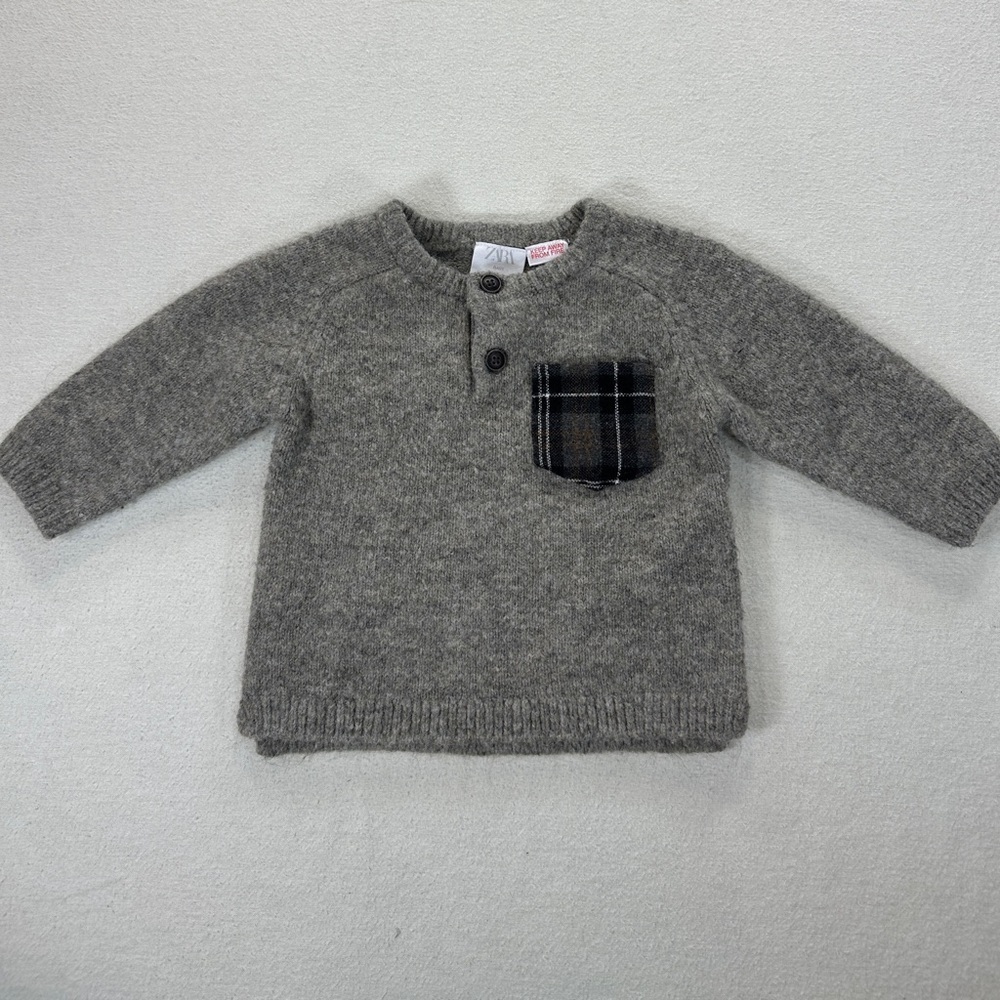 Zara Gray Kids Sweater with Checkered Pocket